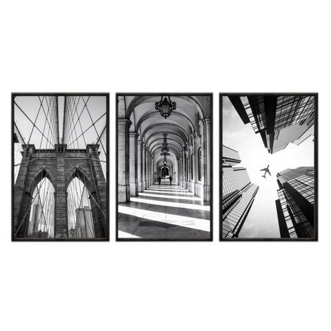 Kit 03 Quadros Decorativos - Arquitetura Preto e Branco Prf004 - Tela Canvas - 40x60cm