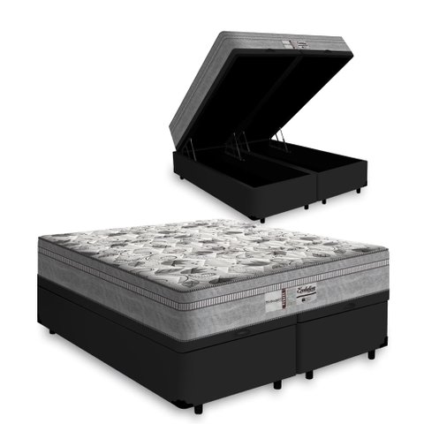 Cama Box Baú King 193 Bipartido Tecido Sintético Preto Com Colchão de Molas Ensacadas Evolution - Pr