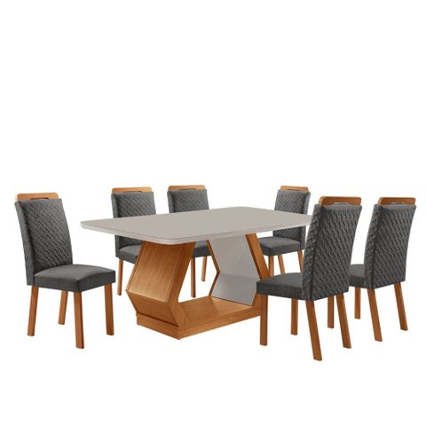 Mesa de Jantar Alvorada 180cm Tampo MDF Vidro Canto Copo com 6 Cadeiras Aline Moderna Mobília
