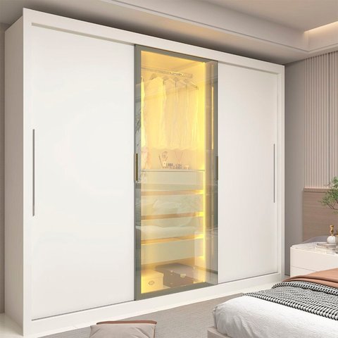 Guarda-Roupa Casal 3 Portas 1 Porta Reflecta com LED 100% MDF Royale Branco