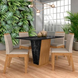 Mesa com 4 Cadeiras Qatar 1,20 Cin/carrar Preto/beg - Móveis Arapongas Cinamo/carraro Preto/bege - 1