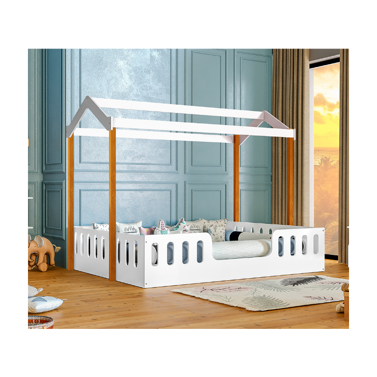 Cama Casal Casinha Segura Montessoriana Ágatha Branco/Mel + Luminária Led