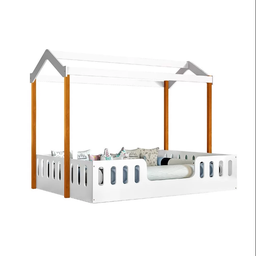 Cama Casal Casinha Segura Montessoriana Ágatha Branco/Mel + Luminária Led - 2