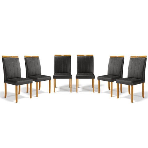 Kit com 6 Cadeiras Aurora Madeira Maciça Estofadas para Mesa de Jantar Courino Preto 503