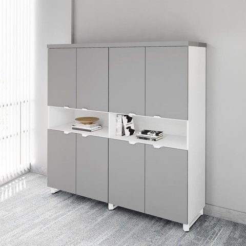 Armário Estante para Escritório com 8 Portas de Abrir e 2 Nichos F5 Office Cinza/Sagrado com Branco