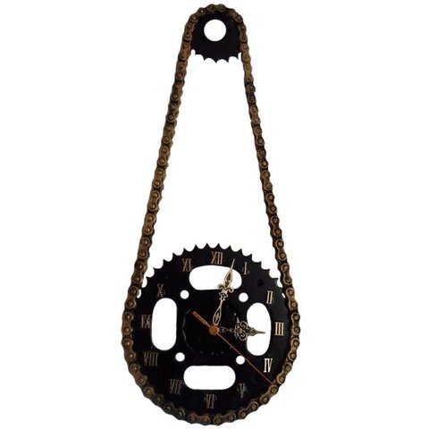 Relógio de Parede Moto Corrente e Coroa em Aço Decorativo Black Gold