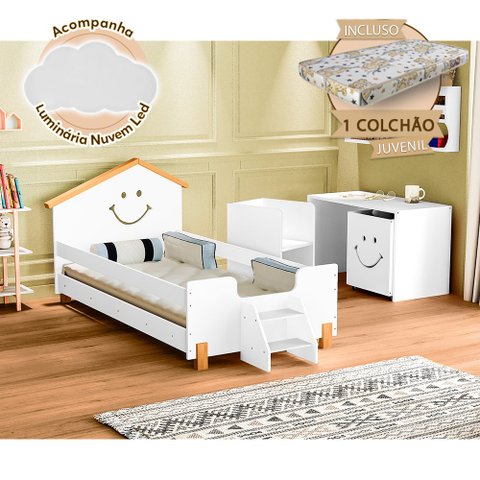 Cama Infantil com Colchão Juvenil Alegra Branca e Amêndoa + Luminária Led
