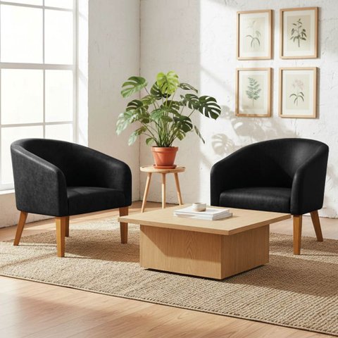 Poltrona Sala Decorativa Kit 2 Stella Pé Madeira Trapézio Castanho Sintético Pu Preto D03 - D’Rossi