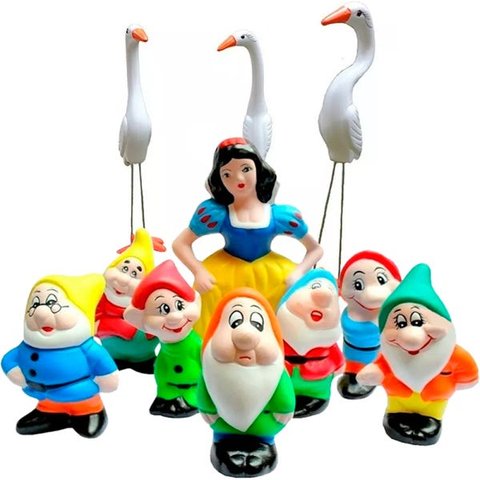 Kit Branca de Neve e o 7 Anões Com Trio de Garças em Cerâmica – Enfeite de Jardim