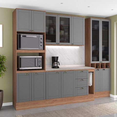 Cozinha Completa Milla Touch Pro 13 Portas 3 Gavetas MDF-MDP 280cm Nogal com Cinza Titânio