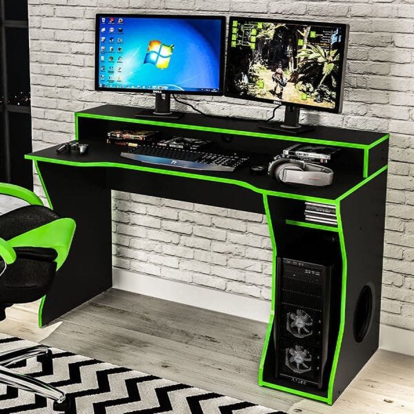 Mesa Gamer Ovni para Até 2 Monitores com 3 Nichos Preto/Verde - 10