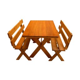Conjunto Mesa 1,6m e 2 Bancos Com Encosto Madeira Maciça Eucalipto - 2