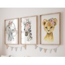 Ver imagem 1 de Kit 3 Quadros Animais Safari Flores Quarto Menina Infantil