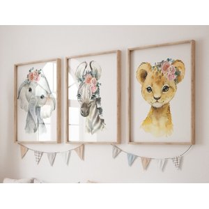 Kit 3 Quadros Animais Safari Flores Quarto Menina Infantil