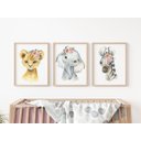 Ver imagem 2 de Kit 3 Quadros Animais Safari Flores Quarto Menina Infantil
