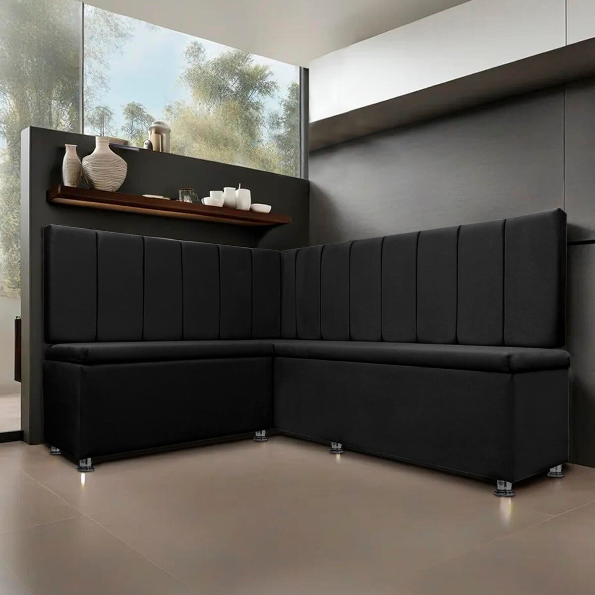 Conjunto Canto Alemão com Bau para Bar Lanchonete Liso Preto 125x160cm Sofa Store