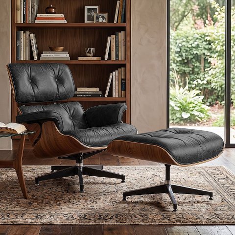 Poltrona Charles Eames com Puff Couro Envelhecido Linha Premium Design Atemporal Sala Luxo - Preto