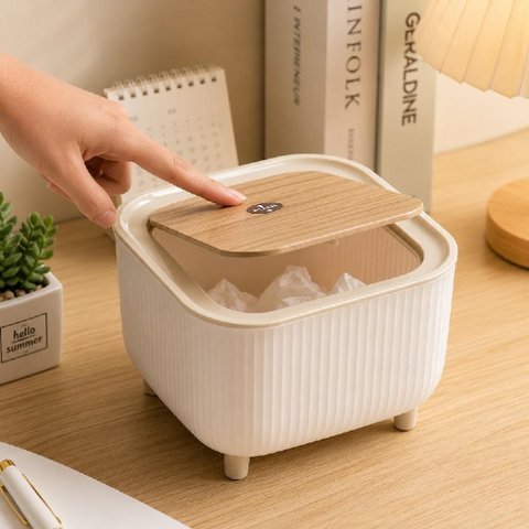 Lixeira de Mesa Retro Mini Organizador Multiuso Empilhavel Cesto Lixo Tampa Click Estilo Bambu Multi