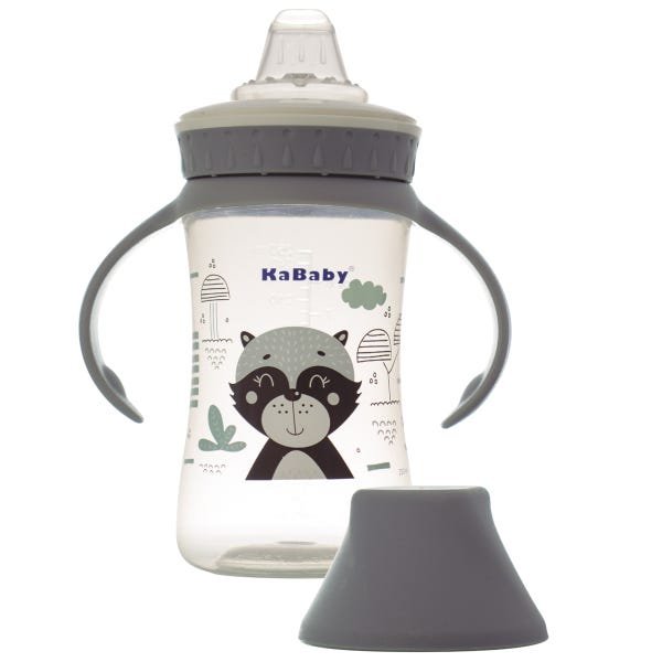 Copo de Bebê Mamadeira Com Bico de Silicone e Alças 250ml +6 Meses Kababy - Cinza