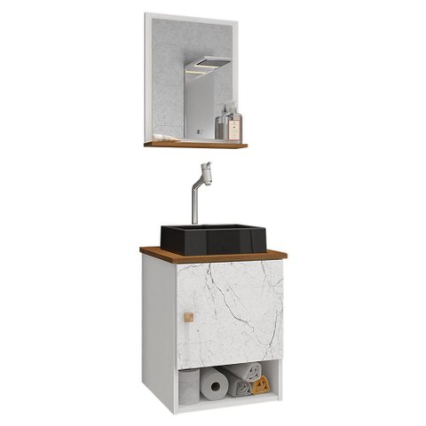 Conjunto de Banheiro com Gabinete 1 Porta, Cuba com Valvula, Torneira e 1 Espelheira Lima