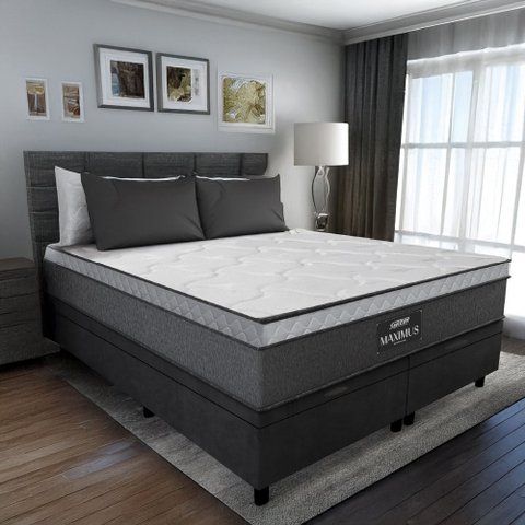 Cama Box Baú Casal Queen Colchão Gazin Maximus Molas Ensacadas 158x198x65cm Cinza / Preto