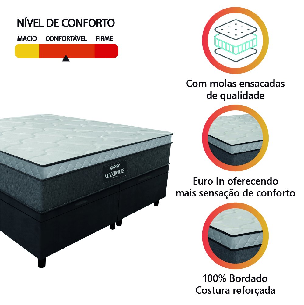 Cama Box Baú Casal Queen Colchão Gazin Maximus Molas Ensacadas 158x198x65cm Cinza / Preto - 6