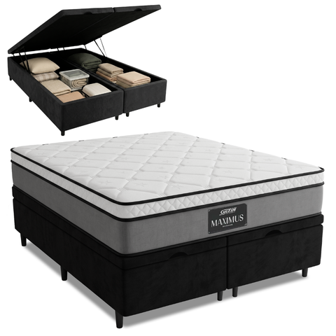 Cama Box Baú Casal Queen Colchão Gazin Maximus Molas Ensacadas 158x198x65cm Cinza / Preto