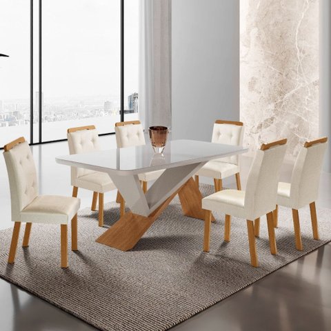 Mesa de Jantar Yasmin 180cm Tampo Mdf Vidro Canto Copo com 6 Cadeiras Carol