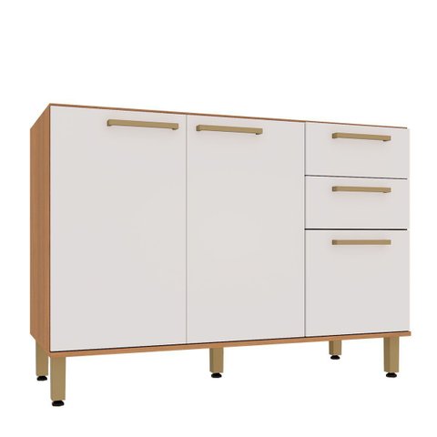 Balcão de Pia 100% MDF 120 cm 3 Portas 2 Gavetas Dulce Freijó/Branco