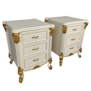 Mesa de Cabeceira Dominique Madeira Demolição Laca Branca Apliques Folhedos a Ouro