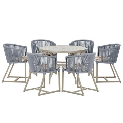Mesa com 6 Cadeiras de Jantar Roma 120cm e Noronha em Alumínio Fendi Corda Náutica Estofado 6 Trama