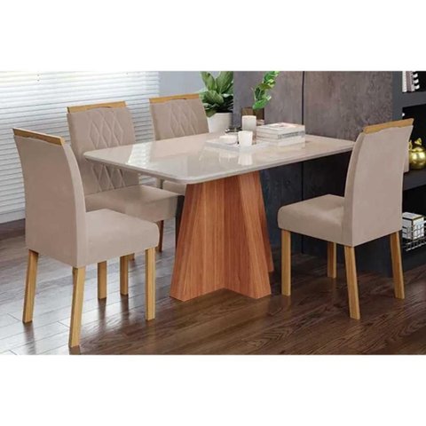 Conjunto: Mesa Sala Jantar Maitê Tampo Madeirado C/ Vidro 130x80cm e 4 Cadeiras Juliana Cinamomo/