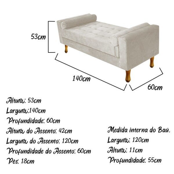 Recamier Baú Félix Casal 1,40M Suede Bege - ADJ Decor - 3