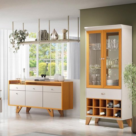 Conjunto Cristaleira e Buffet Aparador Decorativo Ópera/sollare Off White/cinamomo G26 - Hb Móveis