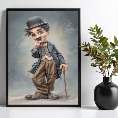 Quadro Charlie Chaplin - Caricatura 33x24cm - com Vidro:moldura Preta