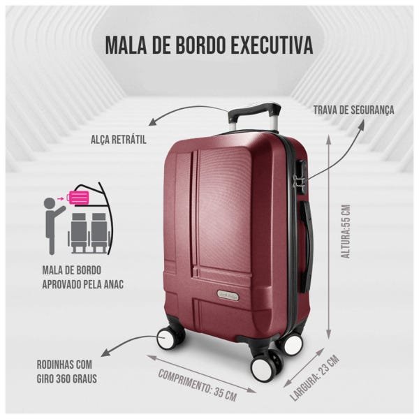 Mala Viagem Media Rodinhas 360 Anac De Bordo Mão Resistente:Vermelho - Vinho - 4