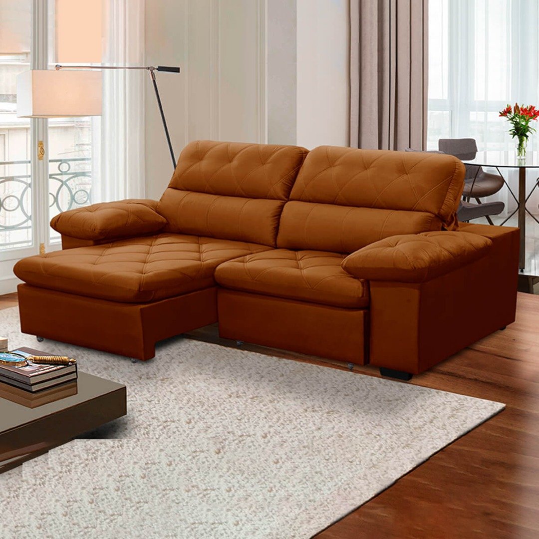 Sofa Retratil Reclinavel 2 Lugares 2,20m Crystal Veludo Laranjado Lansofbr Lansof Brasil