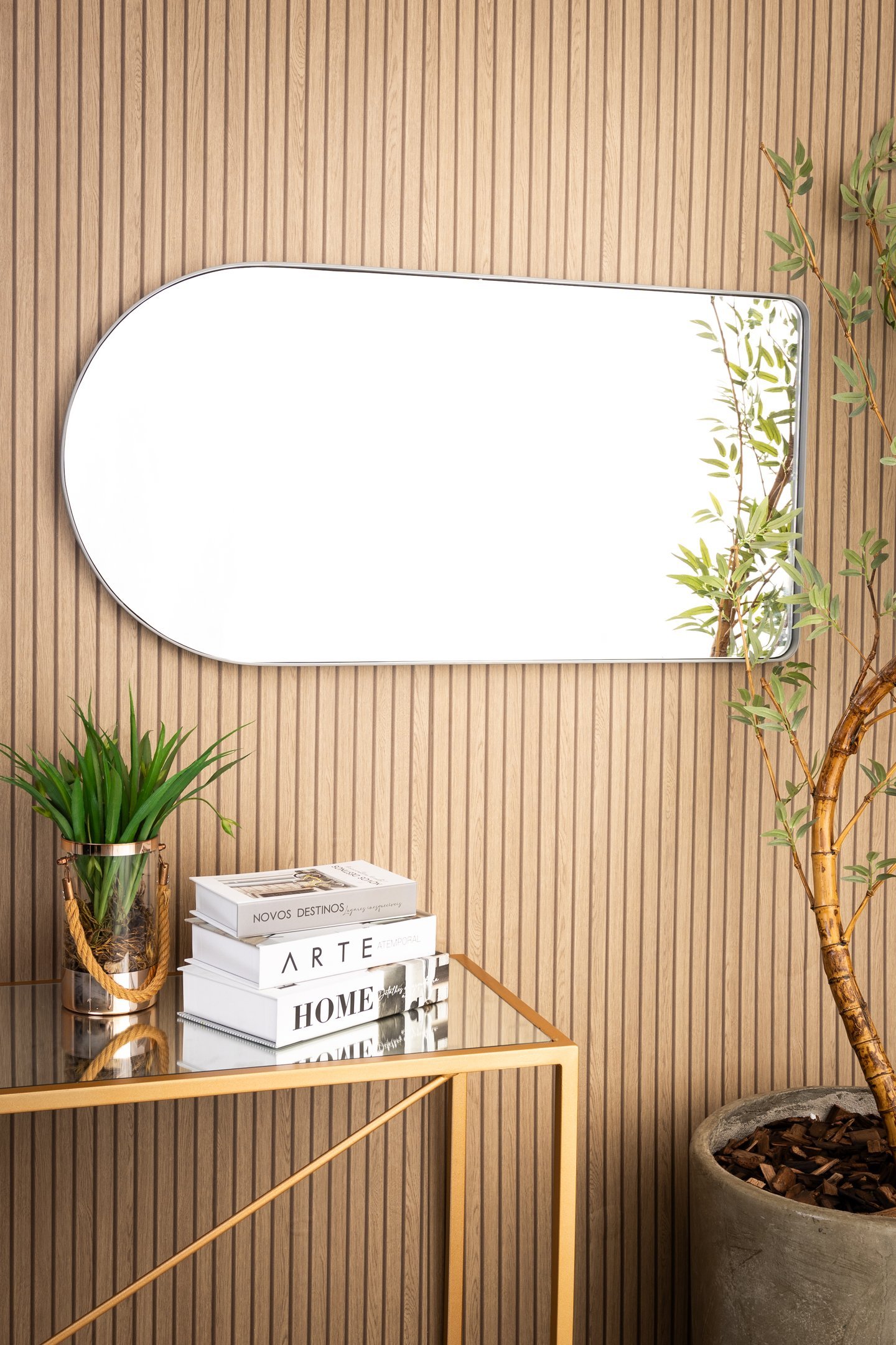 Espelho Decorativo Oval Janela Base Reta com Moldura Metal Cinza 100 X 50 Cm - 3