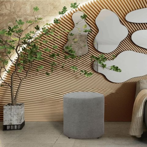 Puff Banqueta Decoratico Redondo em Tecido Linho Pé Plastico Triunfo Viena:cinza