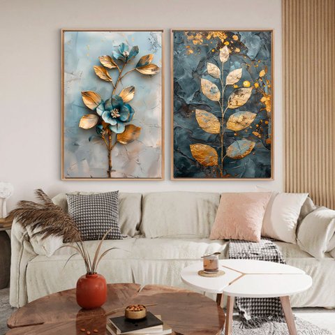 Quadro Decorativo Floral Azul Royal em 2 Telas Canvas Tacolado Moldura Flutuante 4,5cm Freijó 60 X 9
