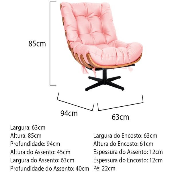 Kit 2 Poltronas com Puff Costela Base Giratória Corano Rosa Bebê - 4