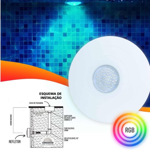 Refletor Power LED 9W ABS Iluminação para Piscina Colorida RGB Frente Grande 27cm para Nicho Antigo 