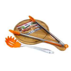 Conjunto Churrasco Tabua Bambu Pegador e Massa Silicone Laranja Gourmet Gourmet Mix
