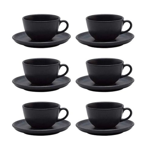Conjunto de Xícara de Chá com Pires 06 Peças Flat Ônix Oxford