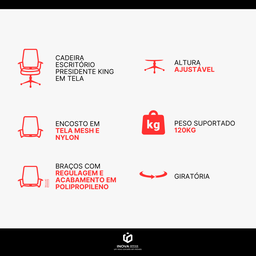 Kit 10 Cadeiras de Escritório Presidente King em Tela - Preta - 9