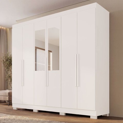 Guarda-Roupa Casal Malta 6 Portas 2 Gavetas com Espelho e Pés Branco - Pnr Móveis