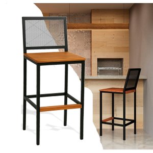 Banqueta Alta com Encosto Aço Preto e Assento Madeira Demolição para Cozinha, Ilha ou Área Gourmet