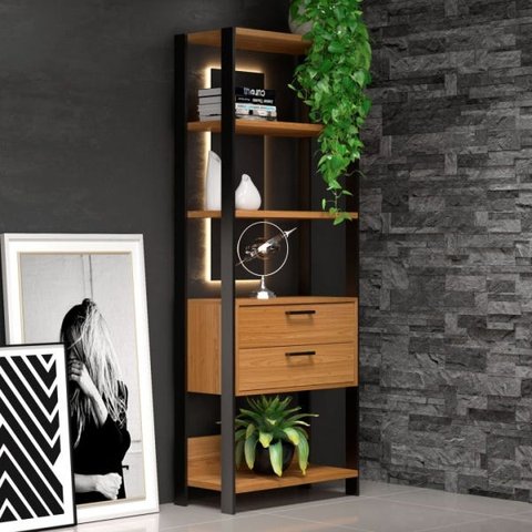 Estante Multiuso Componível 73,5cm 5 Prateleiras 2 Gavetas E91 Pradel Móveis-freijó/preto Fosco