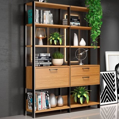 Kit com 2 Estantes Multiuso 1,44m Prateleiras Porta Gavetas E92 Pradel Móveis-freijó/preto Fosco