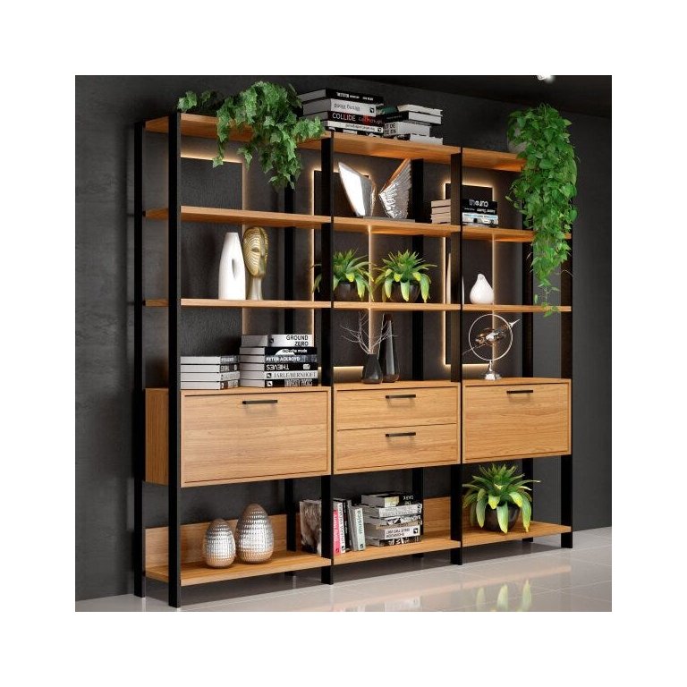Kit com 3 Estantes Multiuso 2,16m Prateleiras Porta Gavetas E93 Pradel Móveis-freijó/preto Fosco